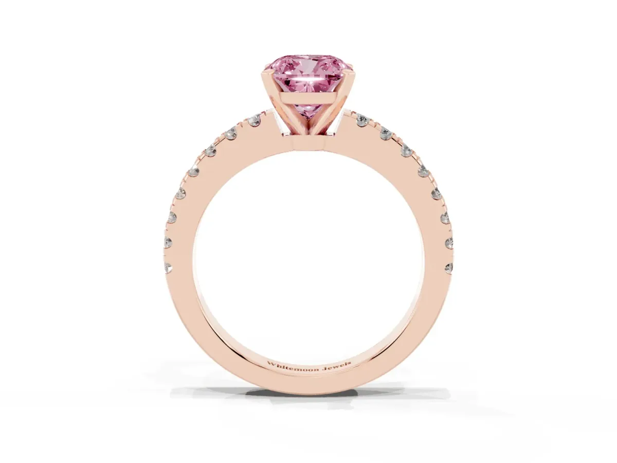 Fancy Pink Cushion Cut Solitaire Diamond with Pavé Band and Four-Prong Setting Rose gold