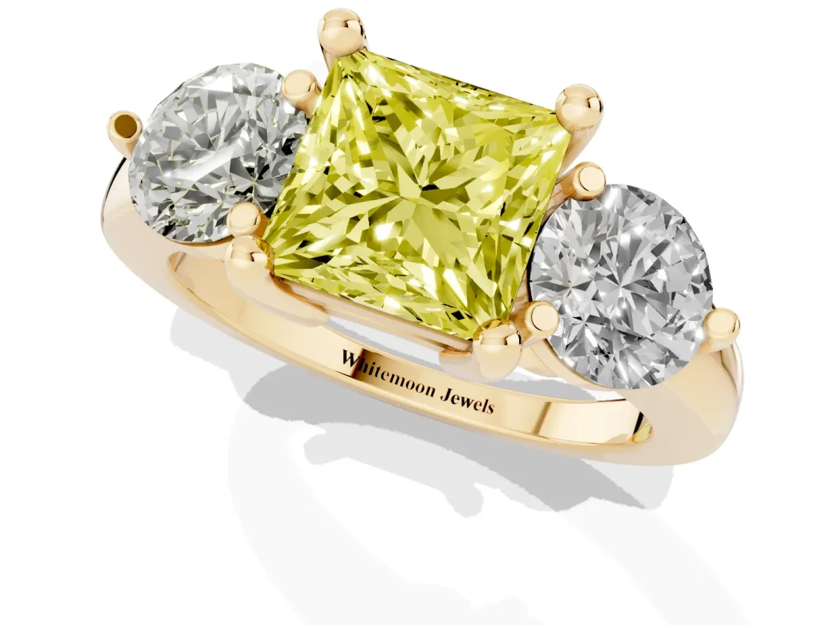 Fancy Yellow Three-Stone Princess Cut Brilliant Cut Solitaire Ring with Prong Setting on a Classic Band Yellow gold