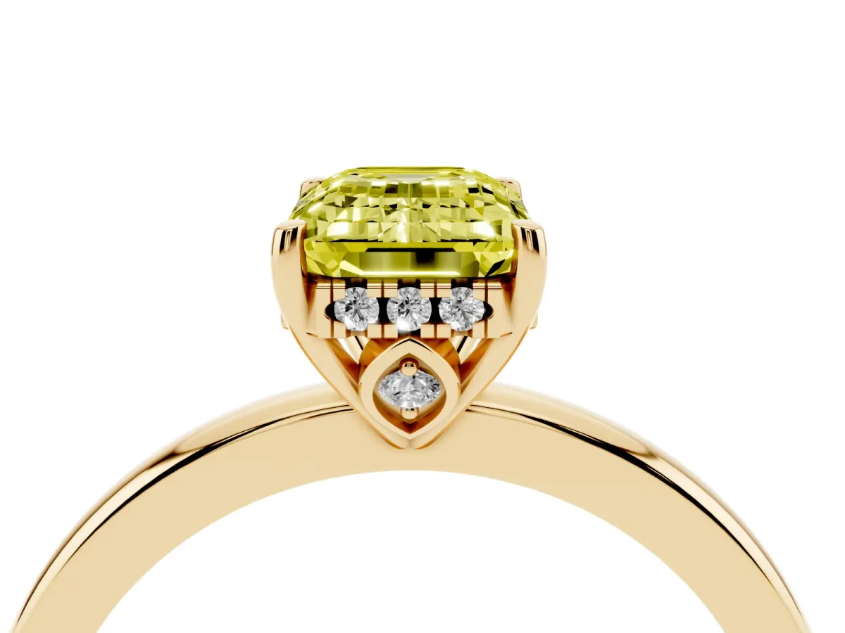 Fancy Yellow Emerald Cut Solitaire Diamond Ring with Prong Setting and Plain Band Yellow gold