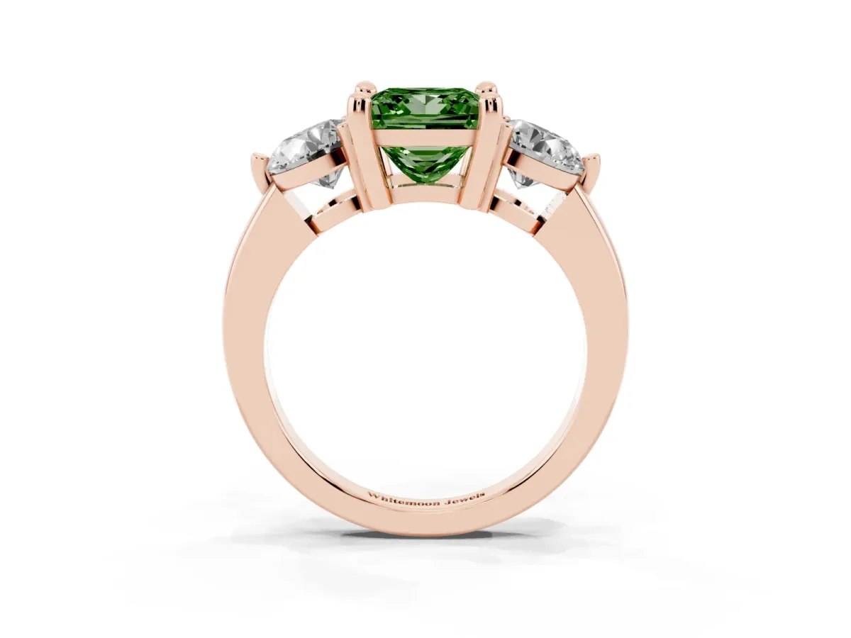 Fancy Green Three-Stone Princess Cut Brilliant Cut Solitaire Ring with Prong Setting on a Classic Band Rose gold