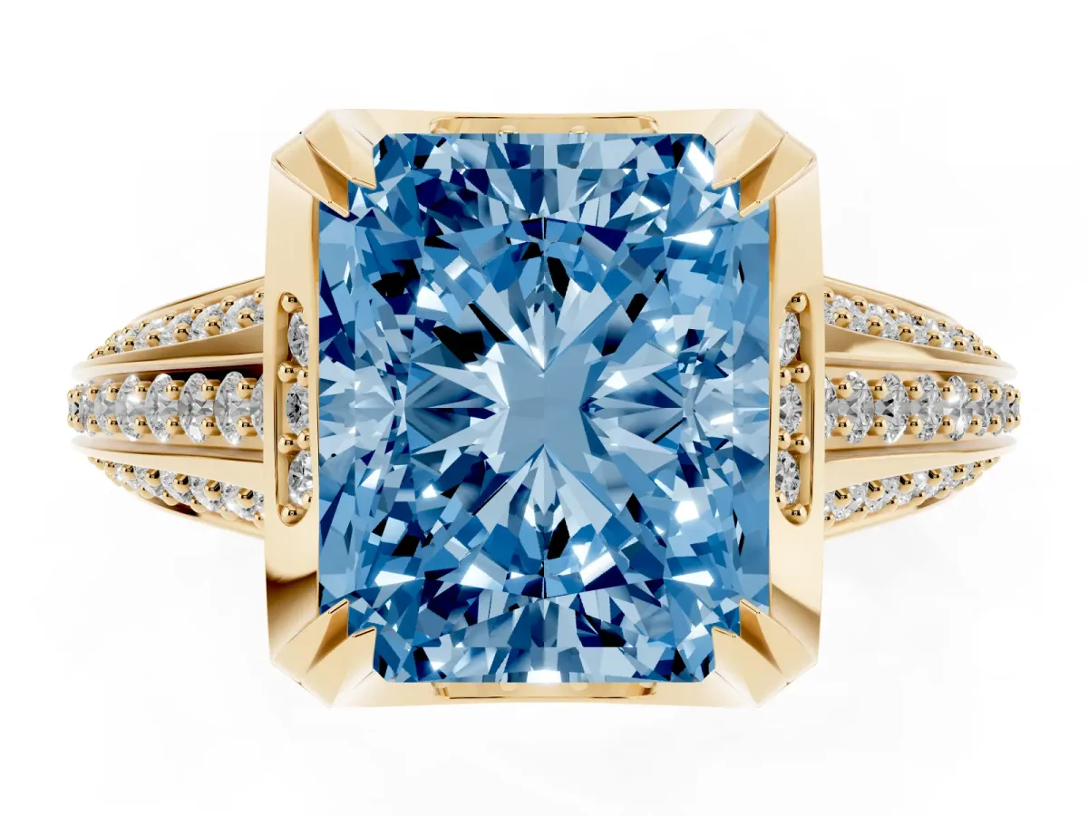 Fancy Blue Radiant Cut Solitaire Pave Split Shank Ring with Four-Prong Setting Yellow gold