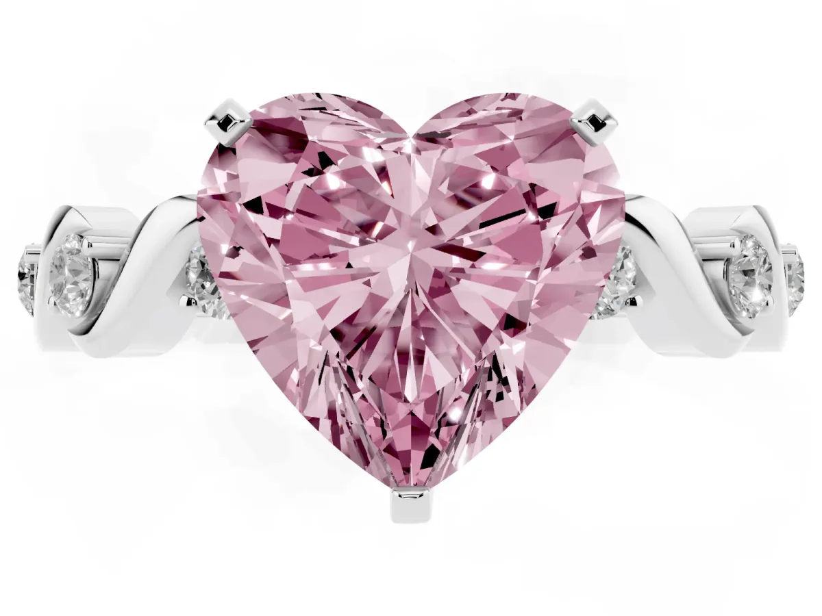Fancy Pink Heart Cut Diamond Solitaire Twisted Band with Round Accents and Prong Setting White gold