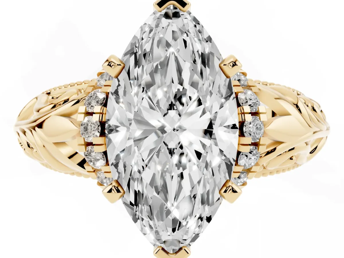 Marquise Cut Solitaire Filigree Engagement Ring with Halo and Prong Setting Yellow gold