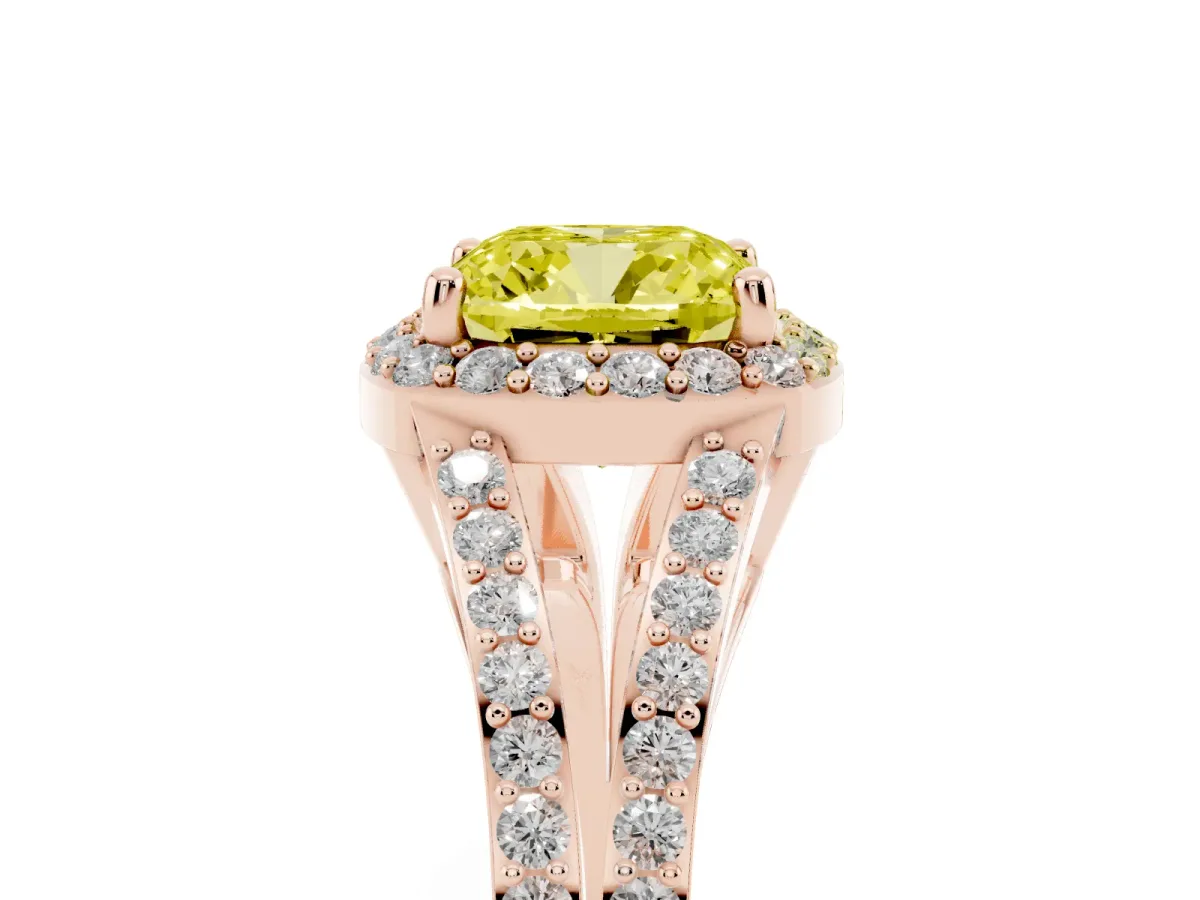 Fancy Yellow Cushion Cut Halo Split Shank Pave Diamond Ring with Four-Prong Setting Rose gold