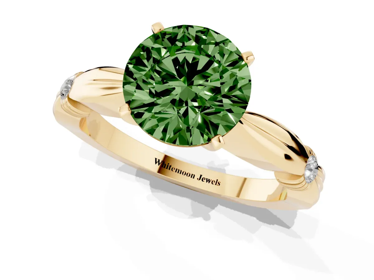 Fancy Green Round Cut Solitaire Diamond Twisted Band with Four-Prong Setting Yellow gold