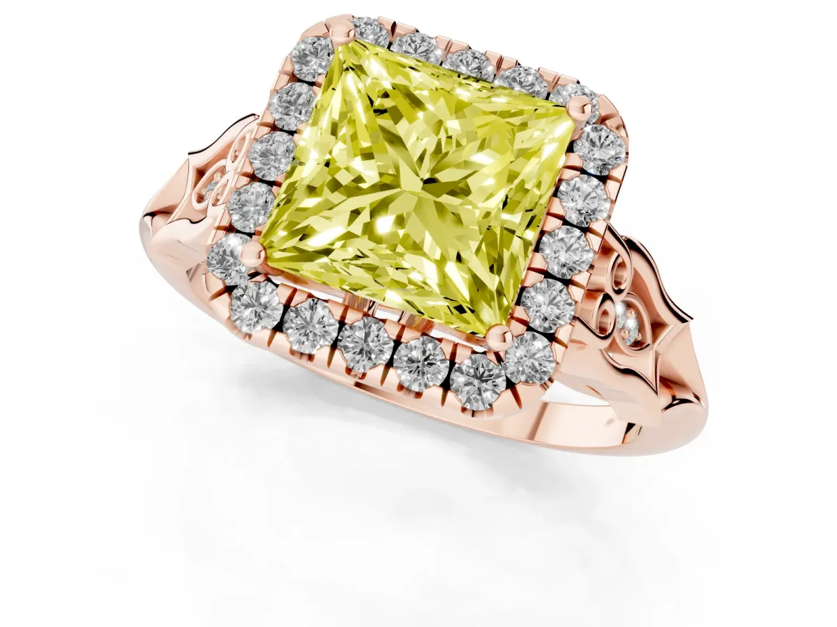 Fancy Yellow Princess Cut Halo Diamond Engagement Ring with Filigree Band and Four-Prong Setting Rose gold