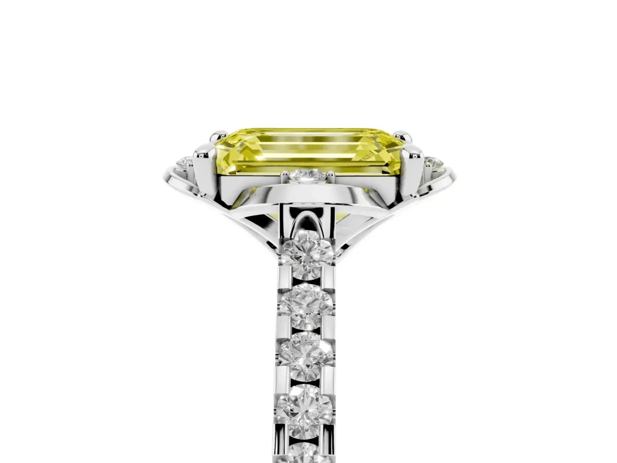 Fancy Yellow Emerald Cut Diamond Ring with Pavé Band and Floral Prong Setting Silver