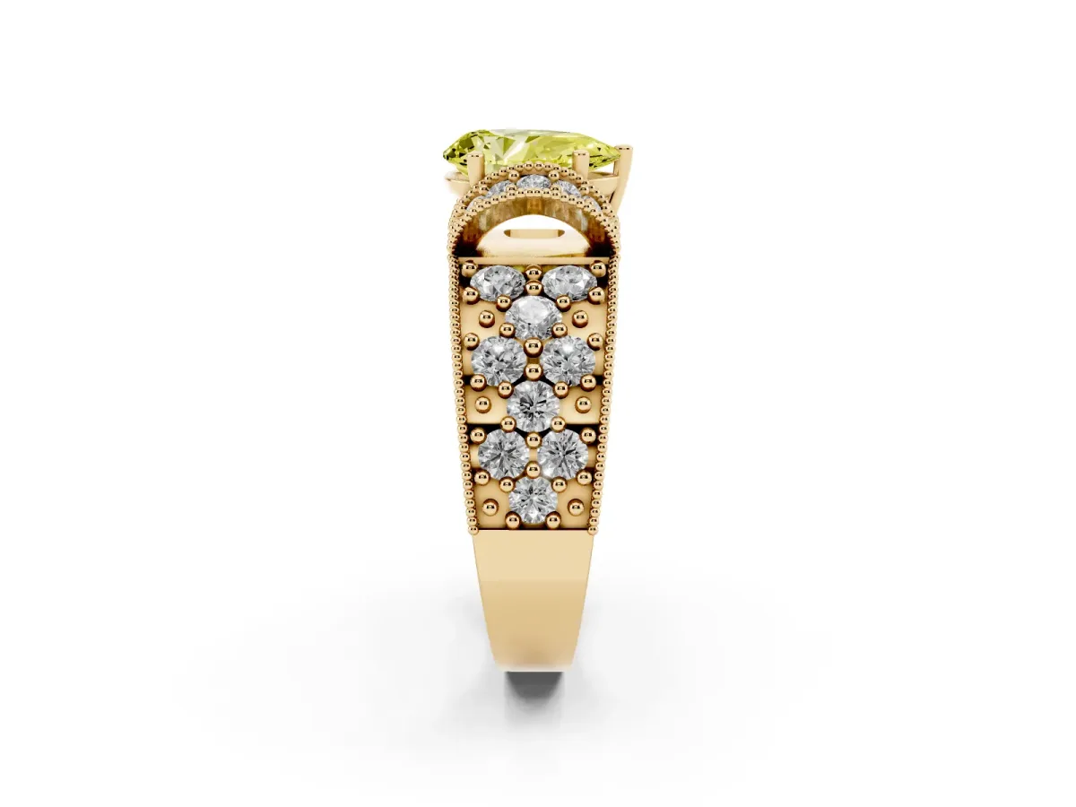 Fancy Yellow Pear Cut Halo Pave Diamond Engagement Ring with Milgrain Detailing Yellow gold