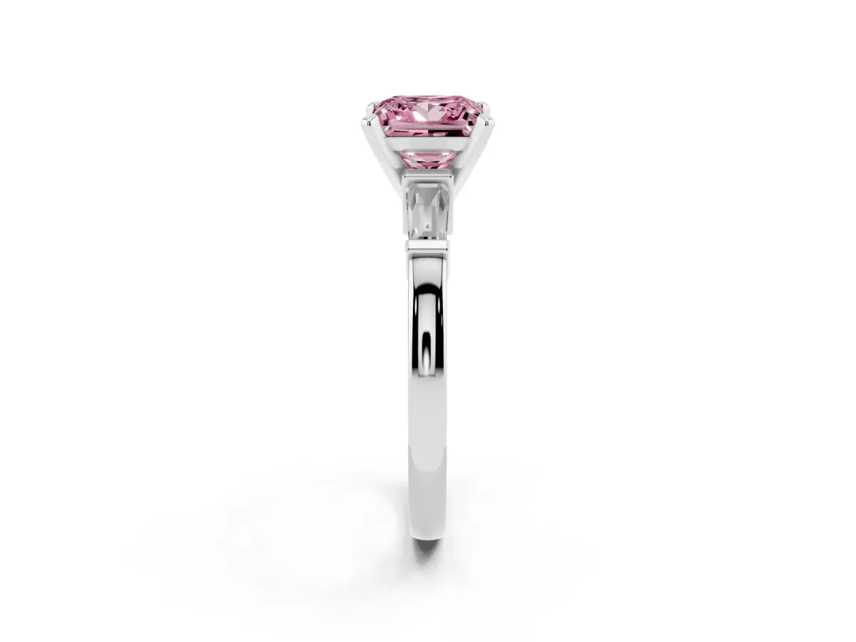 Fancy Pink Princess Cut Cut Diamond Solitaire Ring with Tapered Baguette Accents and Four-Prong Setting Silver