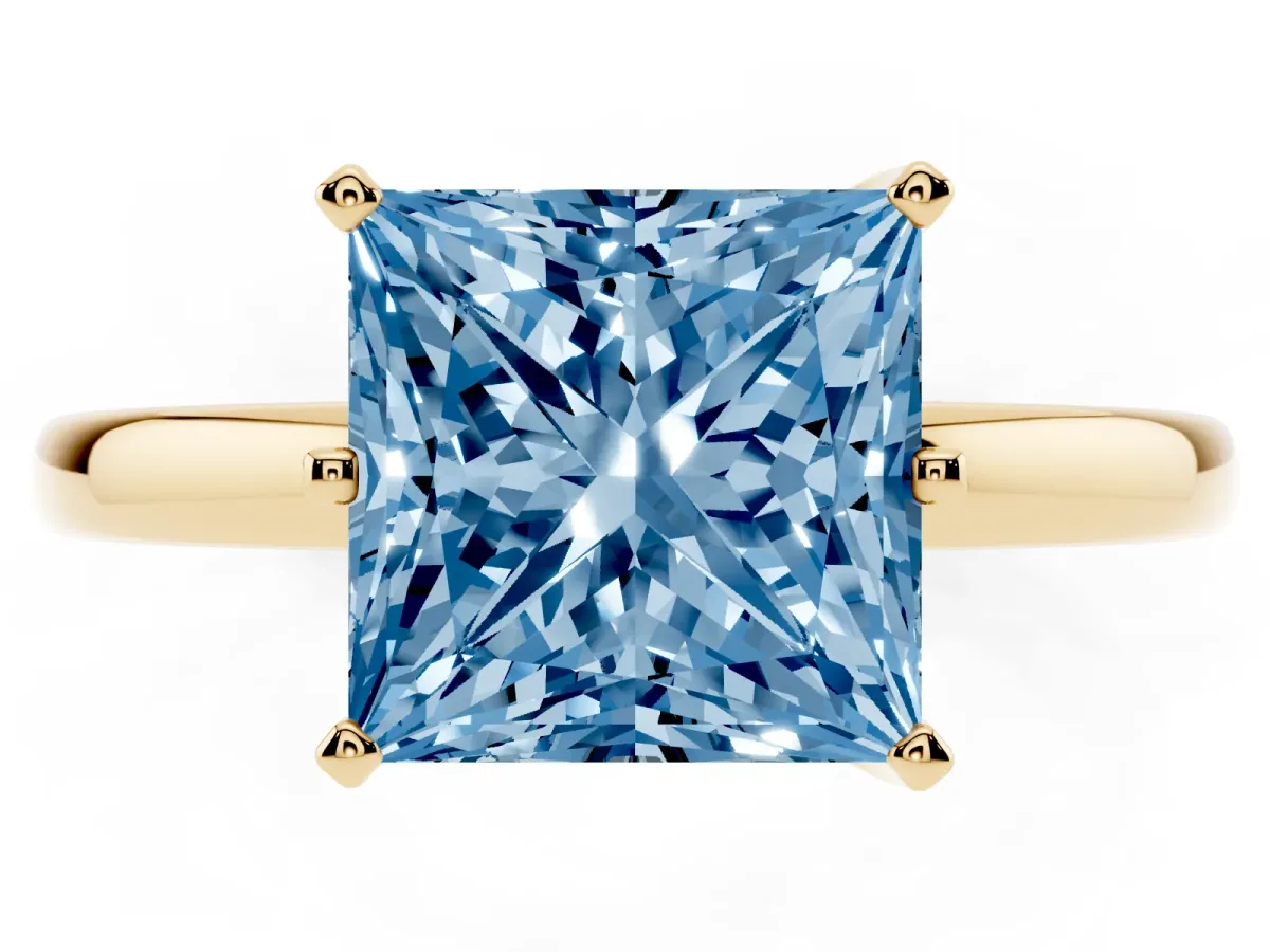 Fancy Blue Princess Cut Solitaire Diamond Ring with Six-Prong Setting on a Classic Band Yellow gold