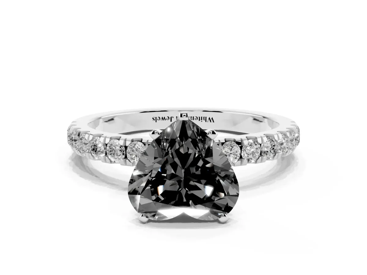 Fancy Black Heart Cut Diamond Solitaire Ring with Pavé Accents and Four-Prong Setting Platinum