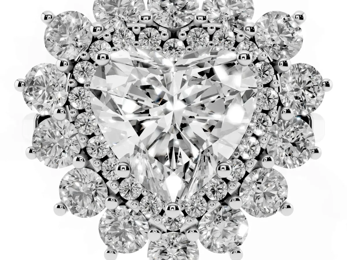 Heart Cut Diamond Floral Double Halo Engagement Ring with Prong Setting Silver