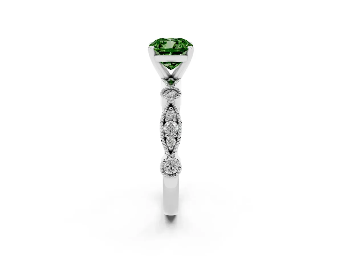 Fancy Green Cushion Cut Milgrain Bezel Diamond Engagement Ring with Solitaire Prong Setting Silver