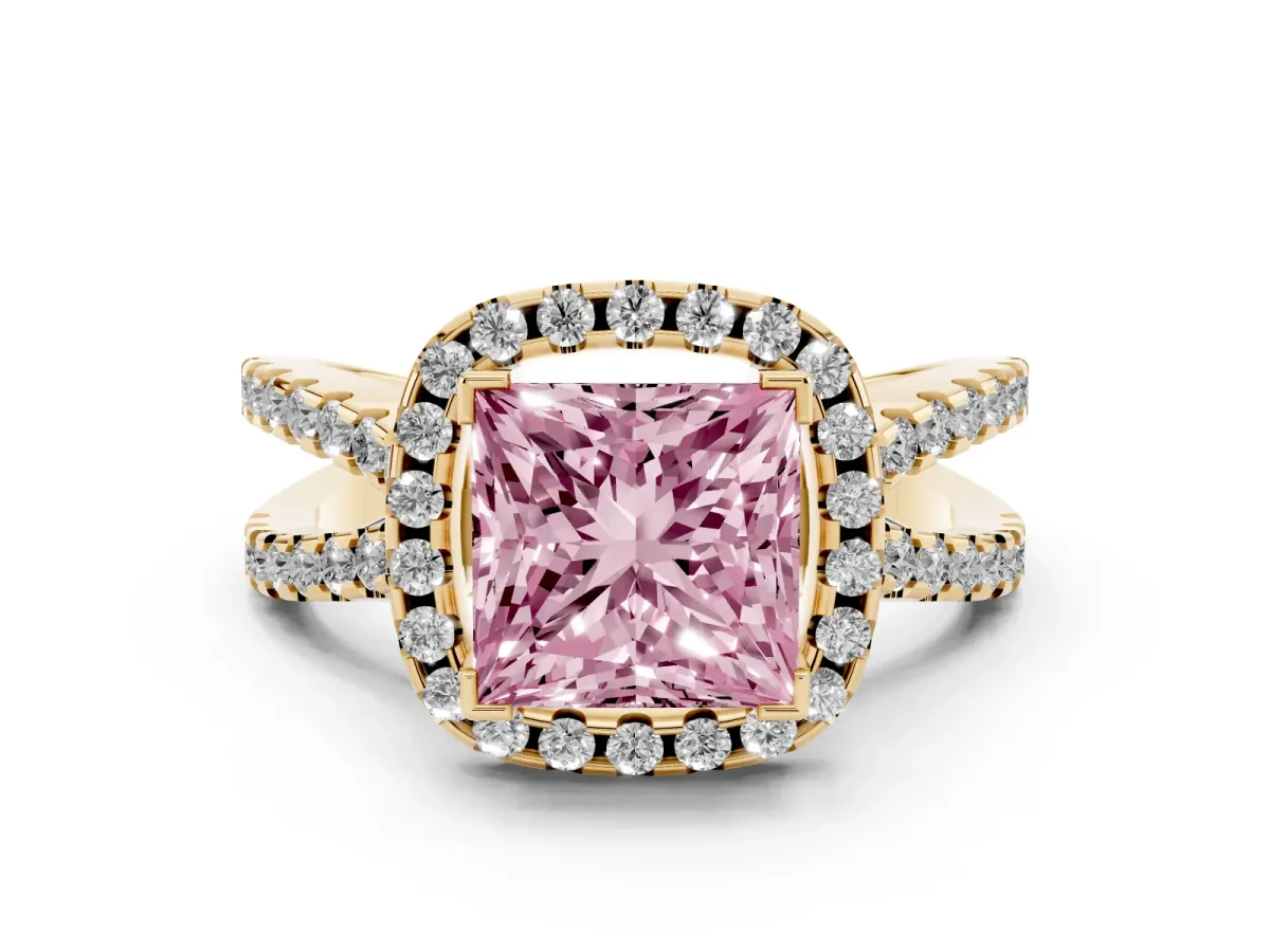 Fancy Pink Princess Cut Diamond Halo Ring with Split Shank Pavé Band and Prong Setting Yellow gold