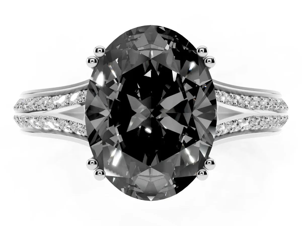 Fancy Black Oval Cut Diamond Split Shank Engagement Ring with Pavé Band White gold