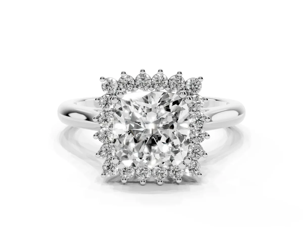 Cushion Cut Cut Diamond Halo Ring with Solitaire Band and Prong Setting Silver