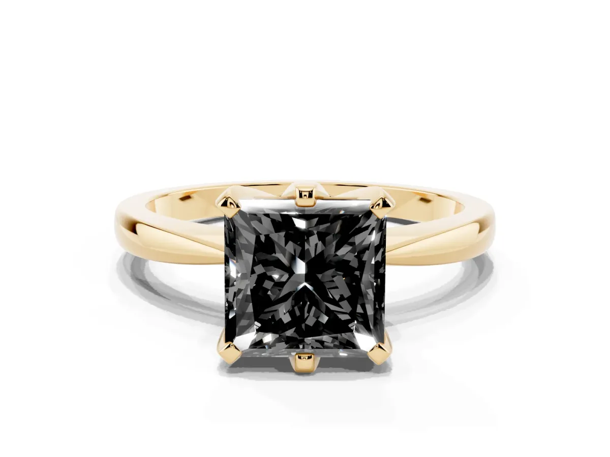 Fancy Black Princess Cut Solitaire Engagement Ring with Six-Prong Setting and Tapered Band Yellow gold