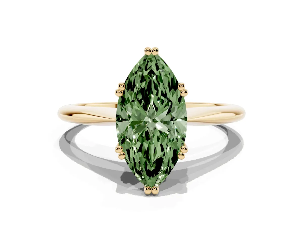 Fancy Green Marquise Cut Solitaire Diamond Ring with Six-Prong Setting and Classic Band Yellow gold