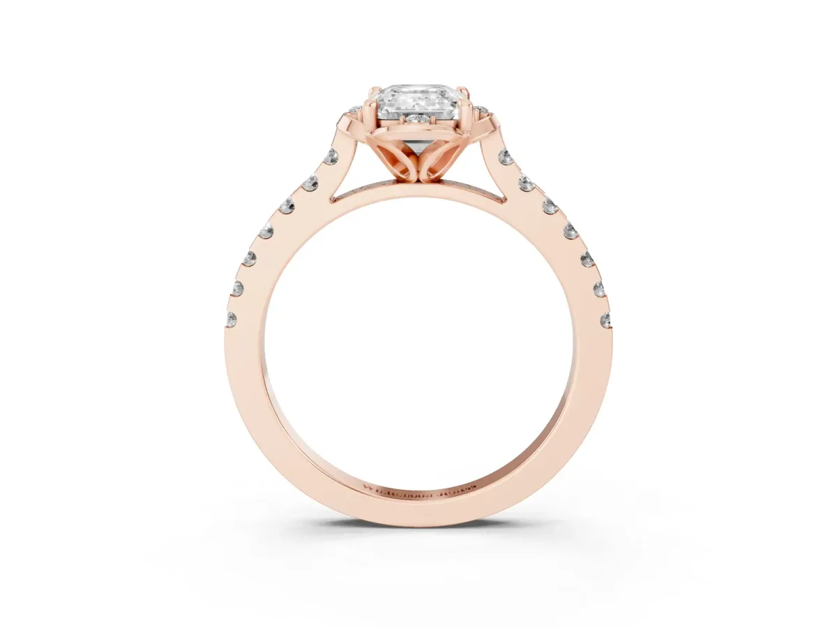 Emerald Cut Diamond Ring with Pavé Band and Floral Prong Setting Rose gold