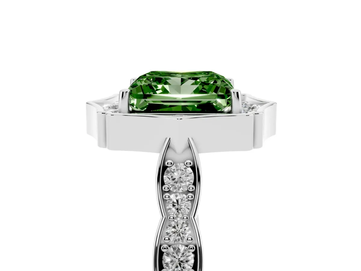 Fancy Green Princess Cut Halo Diamond Engagement Ring with Milgrain Band and Four-Prong Setting Silver
