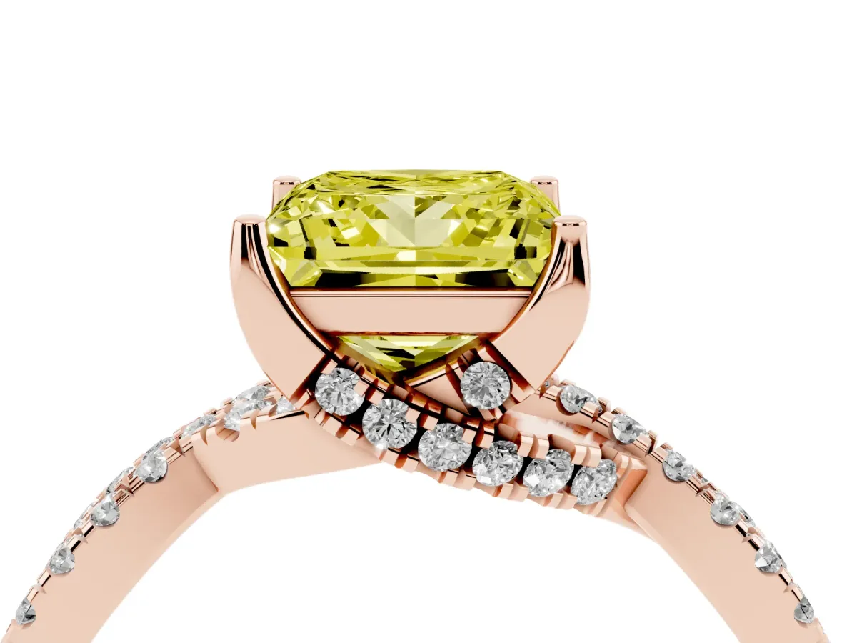 Fancy Yellow Princess Cut Solitaire Twist Pave Diamond Engagement Ring with Prong Setting Rose gold