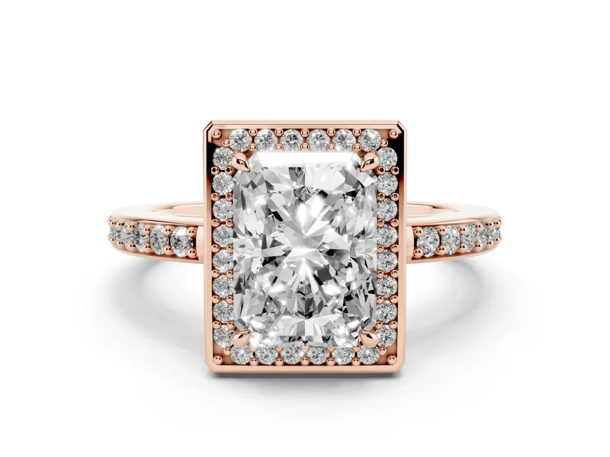 Radiant Cut Halo Pave Band Solitaire Ring with Prong Setting Rose gold