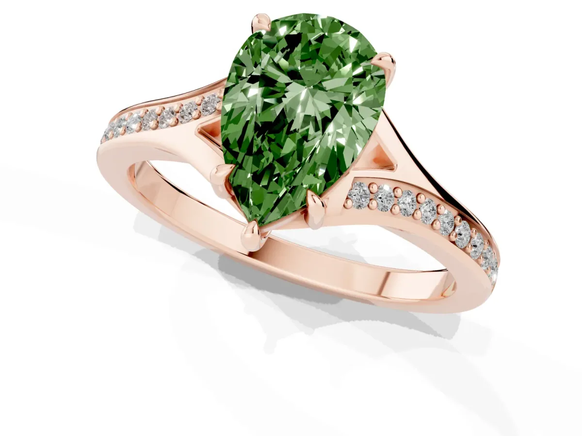 Fancy Green Pear Cut Diamond Solitaire Ring with Pavé Band and Prong Setting Rose gold