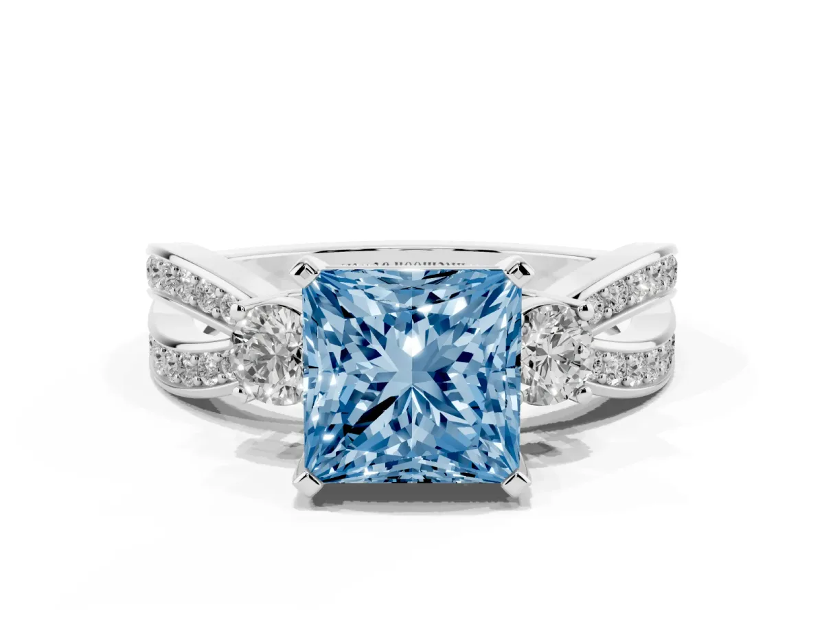 Fancy Blue Three-Stone Princess Cut Cut Diamond Twist Band with Prong Setting Silver
