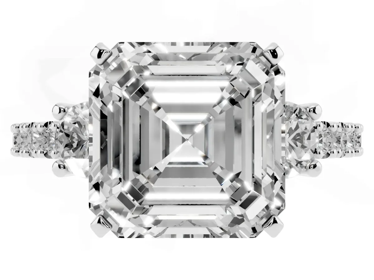 Asscher Cut Three-Stone Diamond Pavé Band with Prong Setting Platinum
