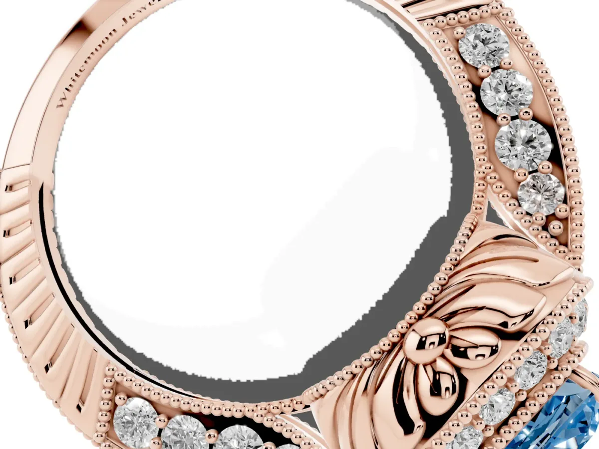 Fancy Blue Cushion Cut Halo Diamond Split Shank Ring with Milgrain Detail Rose gold