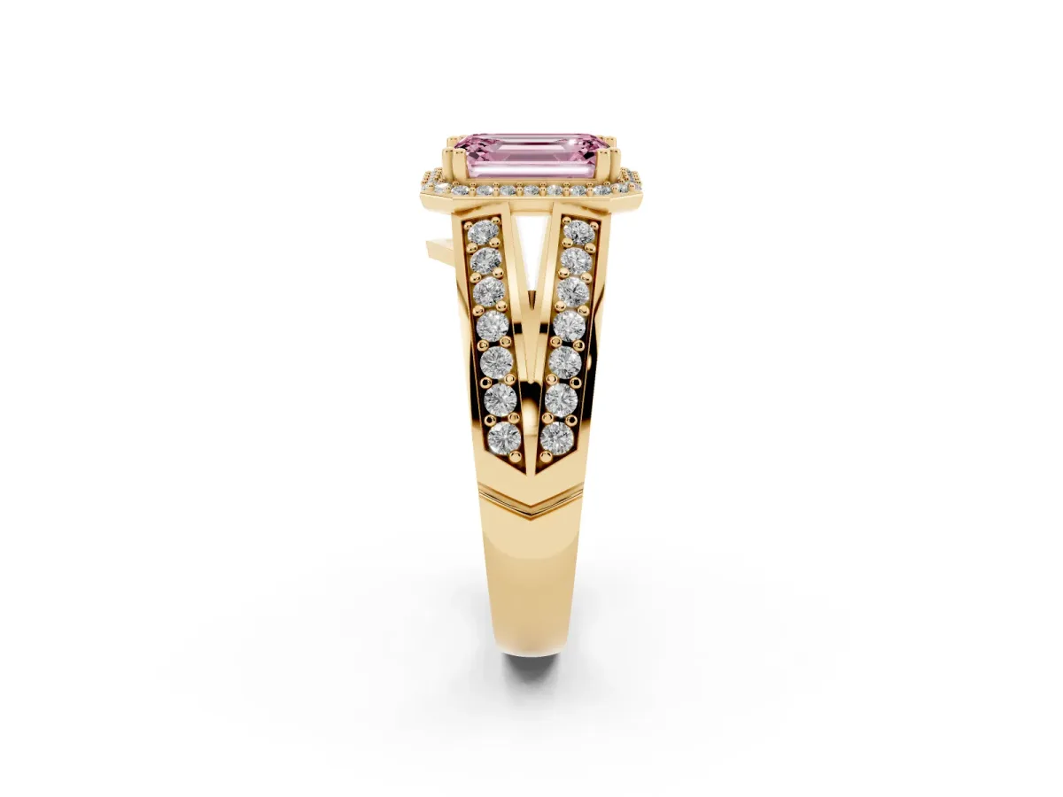 Fancy Pink Emerald Cut Diamond Halo Ring with Split Shank Pavé Band and Four-Prong Setting Yellow gold