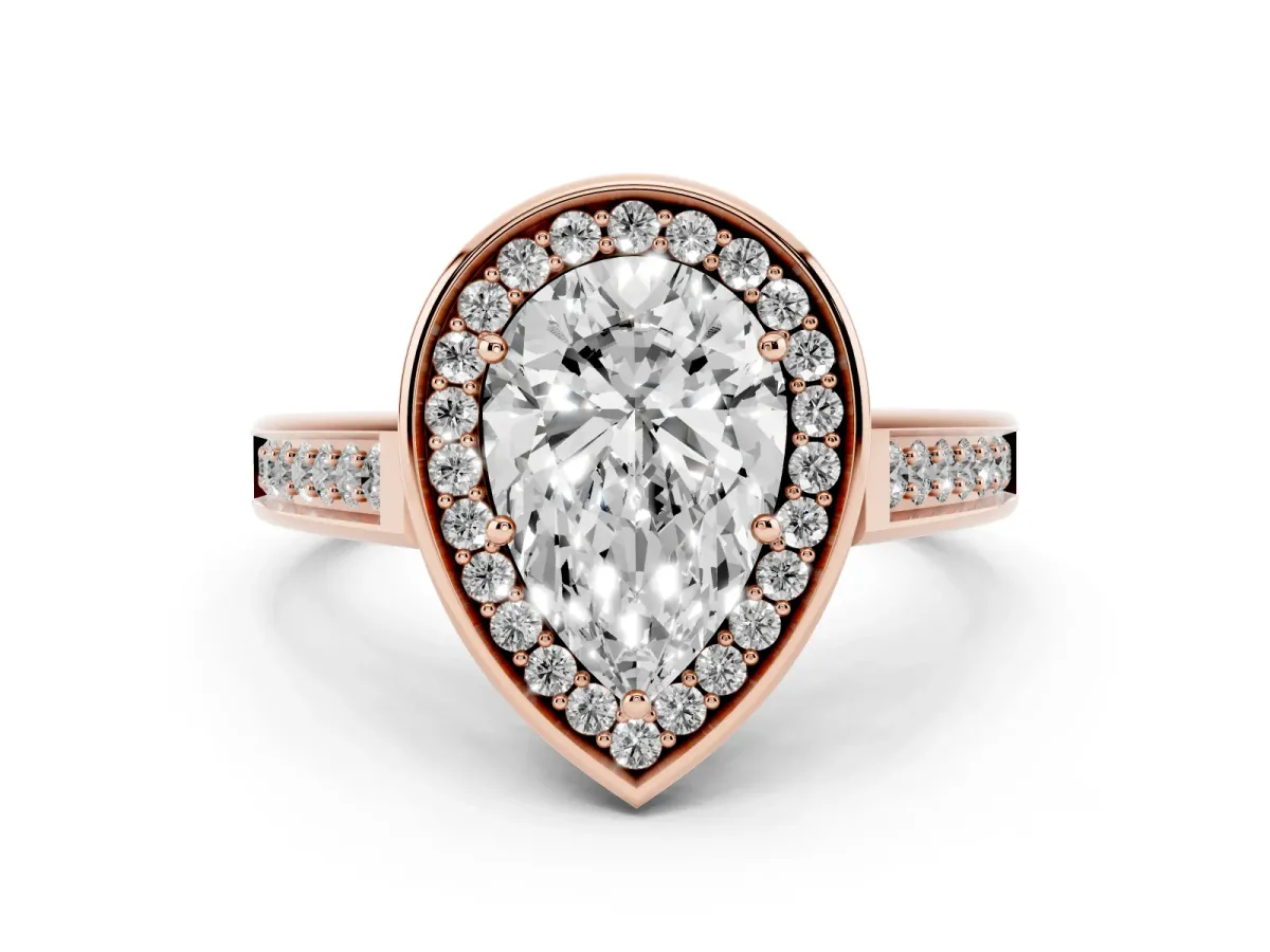 Pear Cut Halo Solitaire Diamond Ring with Pave Band and Bezel Setting Rose gold