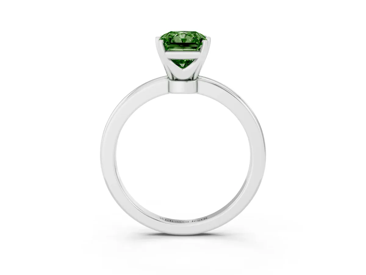Fancy Green Radiant Cut Solitaire Diamond Ring with Six-Prong Setting on a Classic Band Silver
