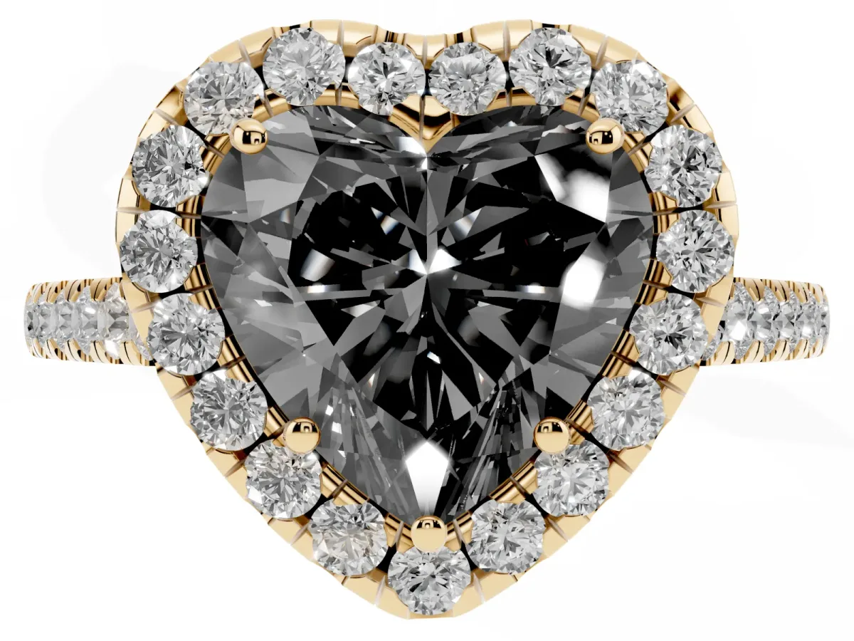 Fancy Black Heart Cut Halo Pave Diamond Engagement Ring with Four-Prong Setting Yellow gold