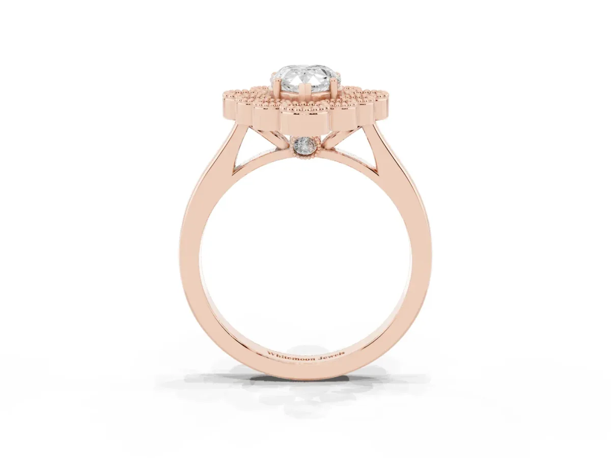 Pear Cut Halo Diamond Cluster Engagement Ring with Milgrain Bezel Setting and Solitaire Band Rose gold
