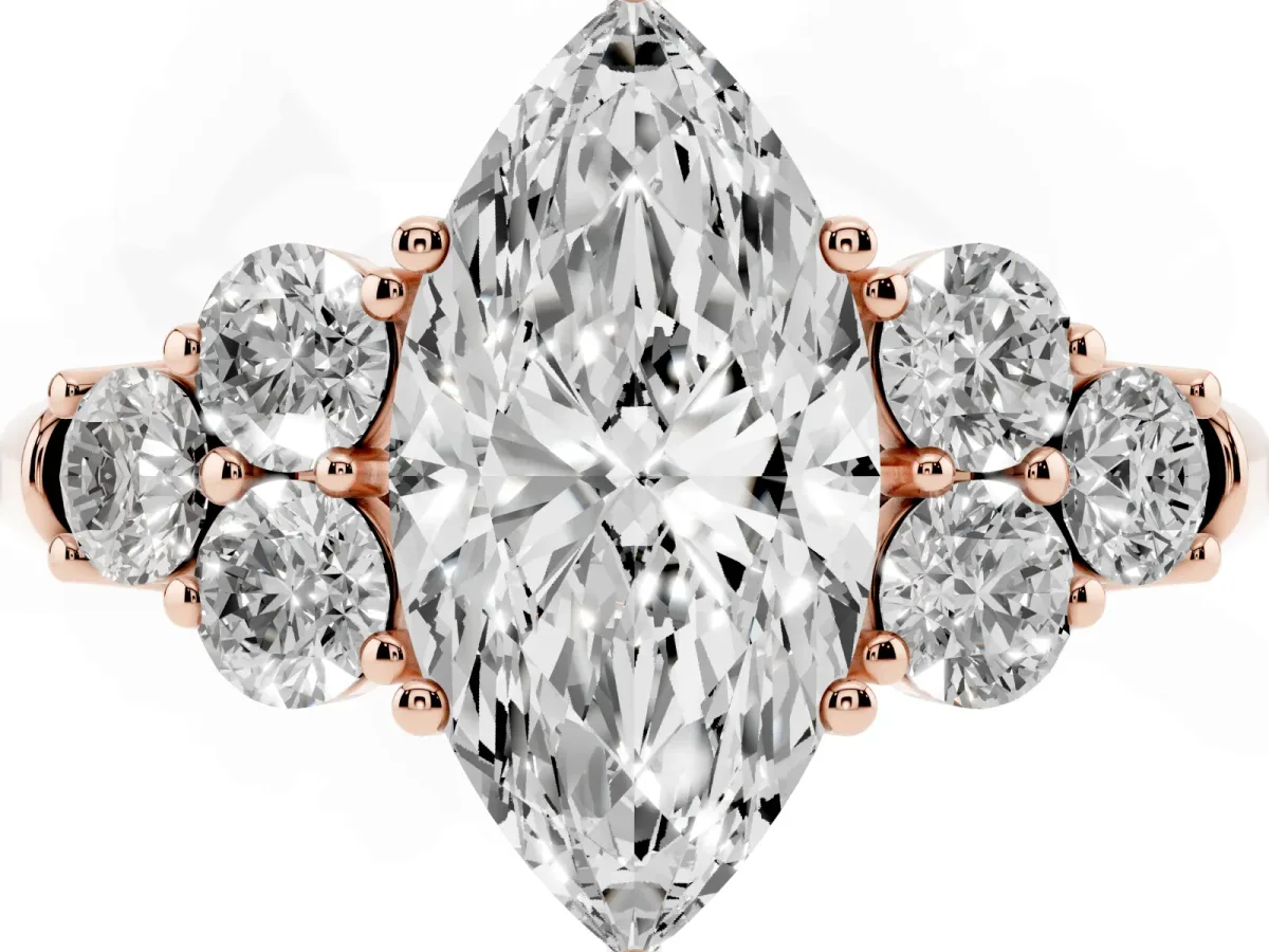 Marquise Cut Cut Diamond Cluster Ring with Round Accent Stones and Prong Setting on a Classic Band Rose gold