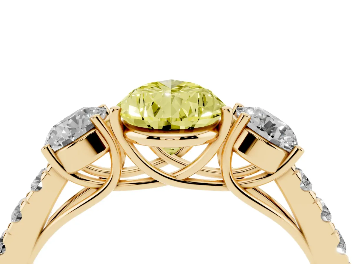 Fancy Yellow Pear Cut Cut Diamond Three-Stone Ring with Round Side Stones and Pavé Band Yellow gold