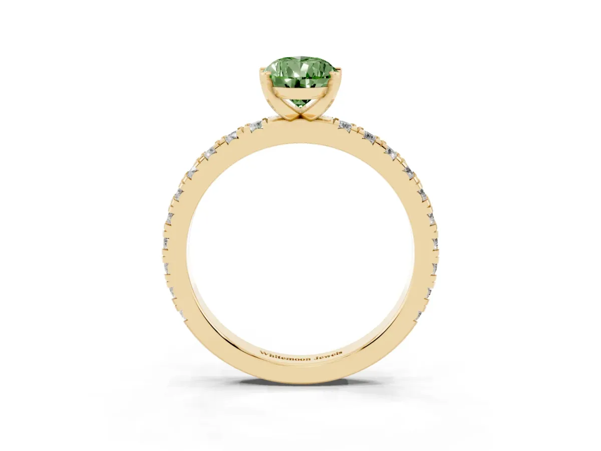 Fancy Green Pear Cut Diamond Pavé Band Solitaire with Four-Prong Setting Yellow gold