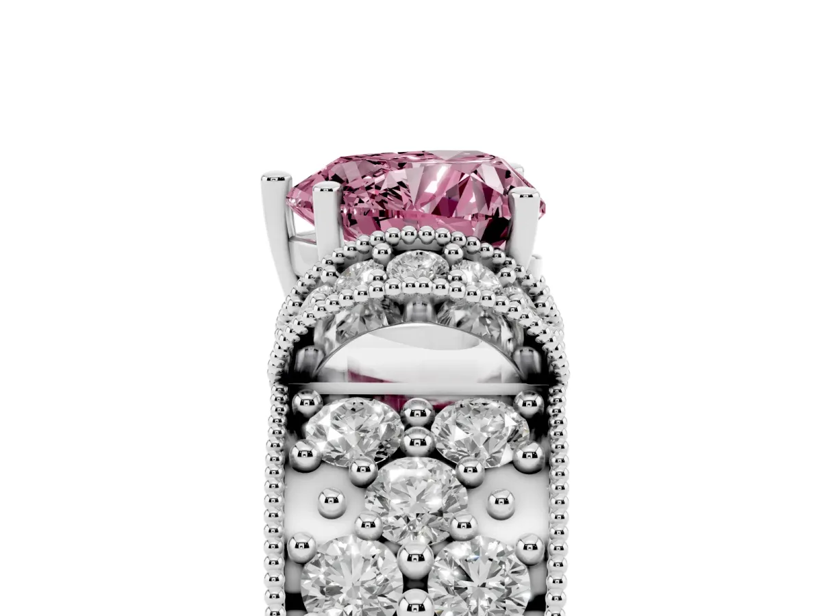 Fancy Pink Heart Cut Halo Pave Diamond Engagement Ring with Milgrain Detailing Silver