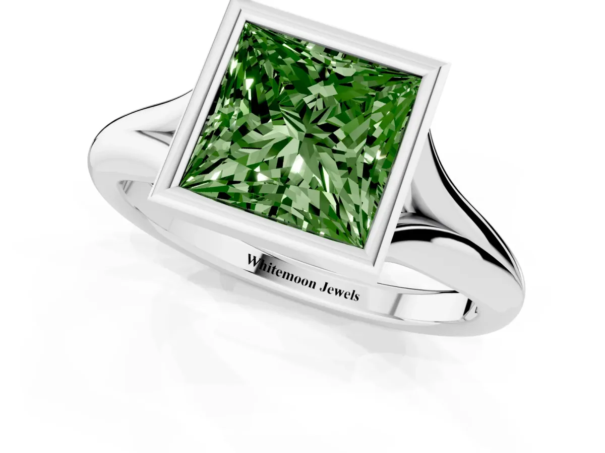 Fancy Green Bezel Set Princess Cut Solitaire Diamond Ring with Smooth Band Platinum