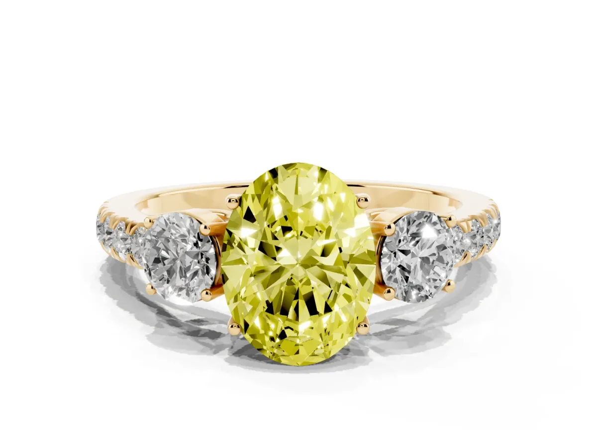 Fancy Yellow Oval Cut Cut Diamond Three-Stone Ring with Round Side Stones and Pavé Band Yellow gold