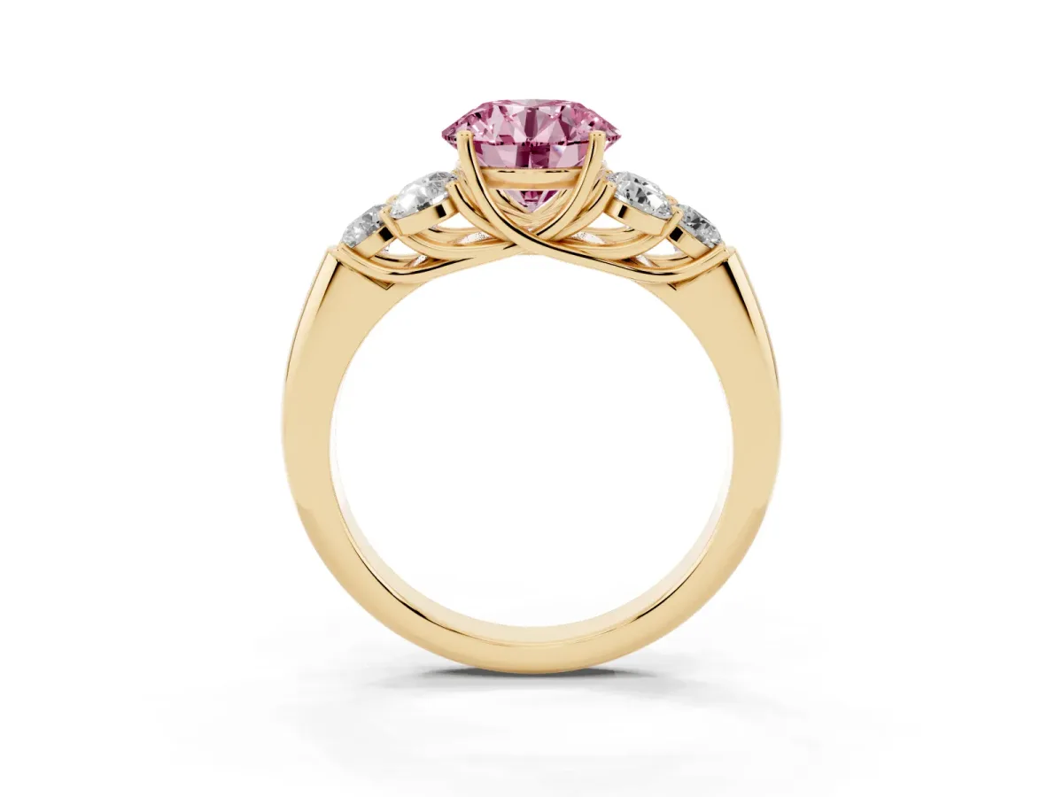 Fancy Pink Round Cut Cut Diamond Cluster Ring with Round Accent Stones and Prong Setting on a Classic Band Yellow gold