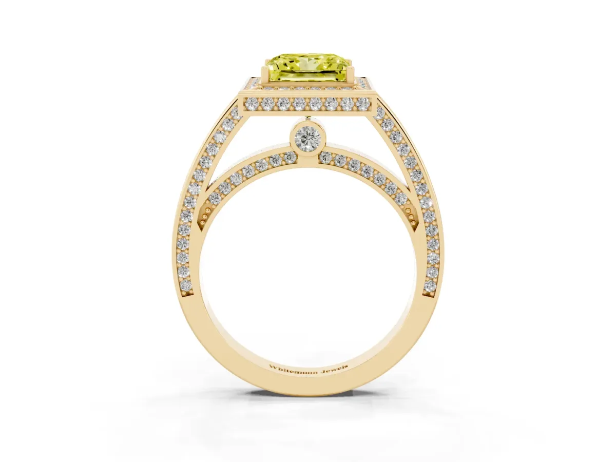 Fancy Yellow Princess Cut Cut Halo Pave Split Shank Prong Setting Ring Yellow gold