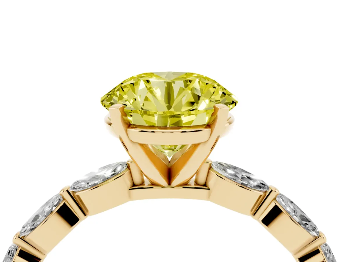 Fancy Yellow Round Cut Diamond Ring with Marquise Side Stones and Prong Setting Yellow gold