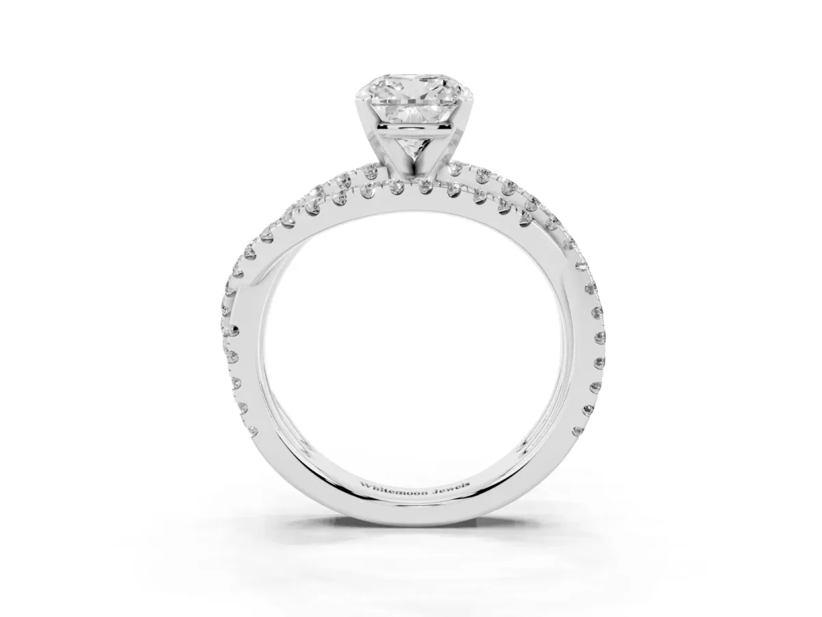 Cushion Cut Solitaire Twist Band with Pavé Setting and Four-Prong Setting Silver