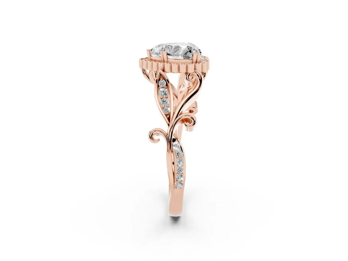 Heart Cut Diamond Halo Ring with Vintage Split Shank and Four-Prong Setting Rose gold