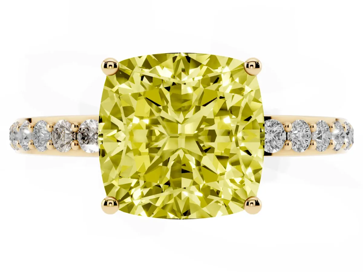 Fancy Yellow Cushion Cut Diamond Solitaire Ring with Pavé Band and Hidden Halo Yellow gold