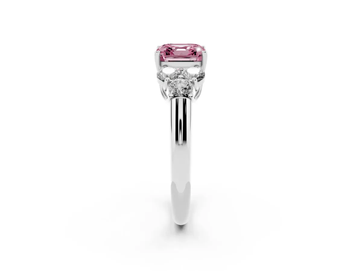 Fancy Pink Asscher Cut Cut Diamond Cluster Ring with Round Accent Stones and Prong Setting on a Classic Band White gold
