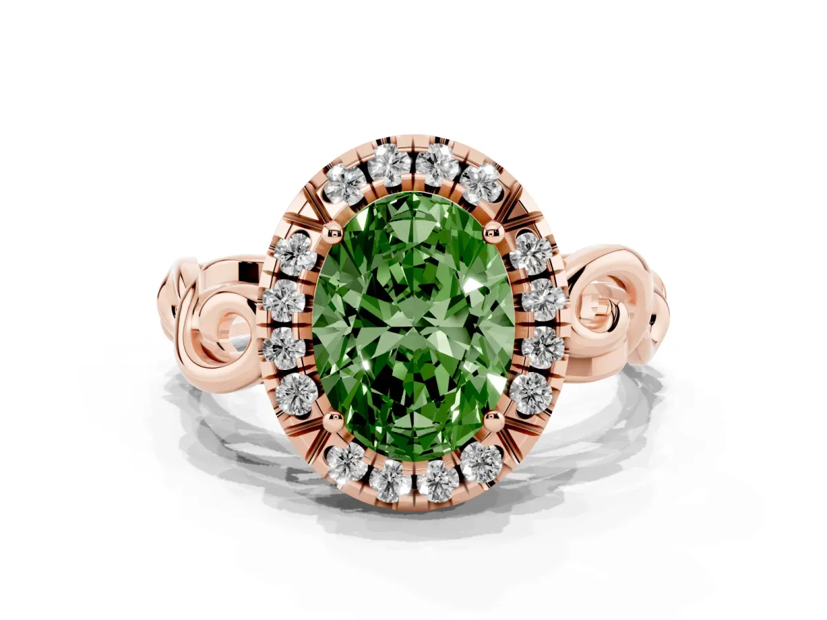 Fancy Green Oval Cut Cut Halo Diamond Ring with Scrollwork Band and Four-Prong Setting Rose gold