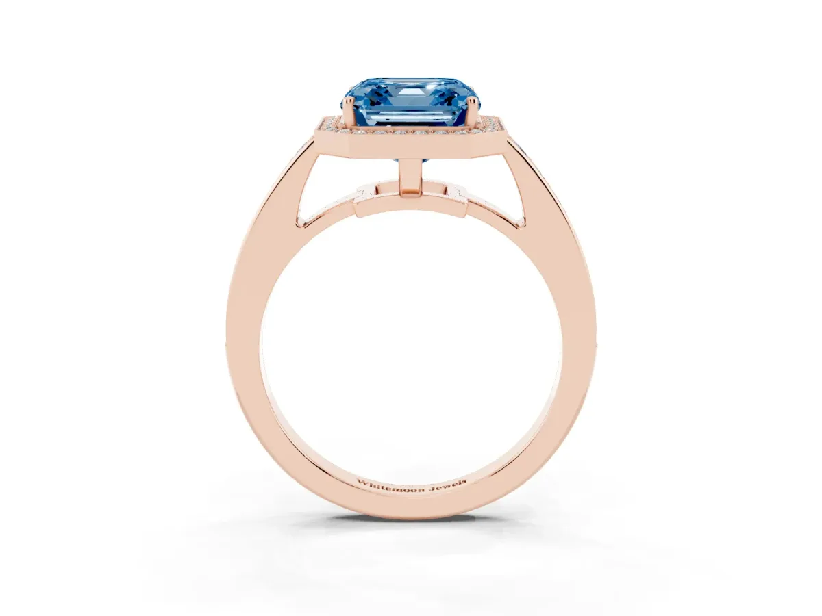 Fancy Blue Asscher Cut Halo Pavé Diamond Engagement Ring with Bezel Setting Rose gold
